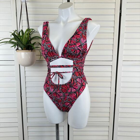 New Toluca Vitality Nicola One Piece Swimsuit Pink Red Butterfly Cheeky Tie Sz L - Picture 1 of 10